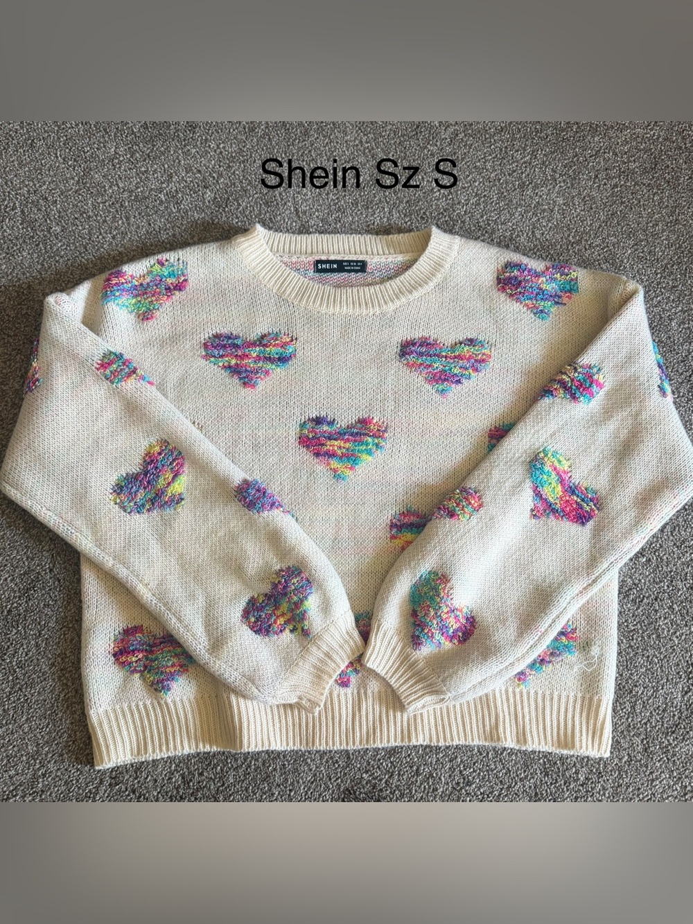 SHEIN Cream Crewneck Sweater with Rainbow Heart Knit Accents Sz s